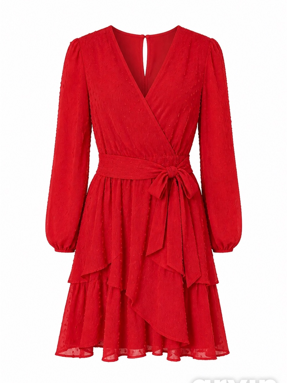 Women's Red Wrap Tiered Long-Sleeve Dress with Self-Tie Waist